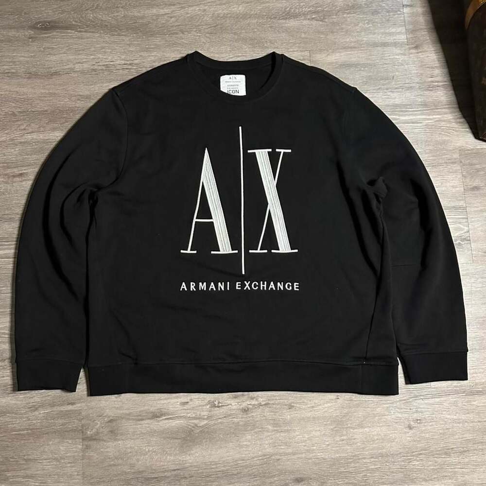 Armani Exchange ICON Crewneck Sweater, Black Designer Logo Sweatshirt, XXL